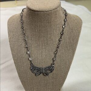 French Kande Beaded Bow Pendant Necklace in Silver-Tone with Clear Accents